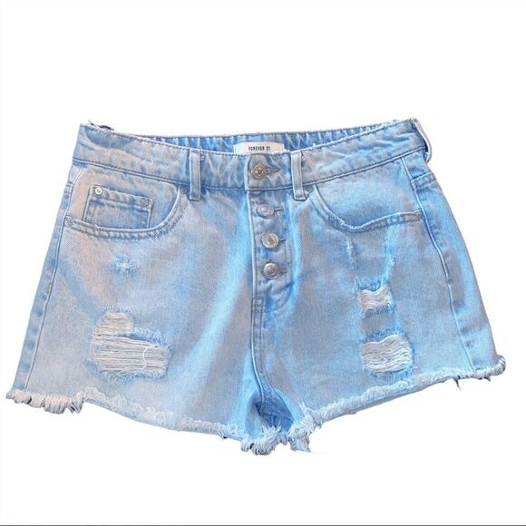 Forever 21 Distressed Jean Shorts Women’s Size 28 Light Wash Button Fly - Picture 1 of 6